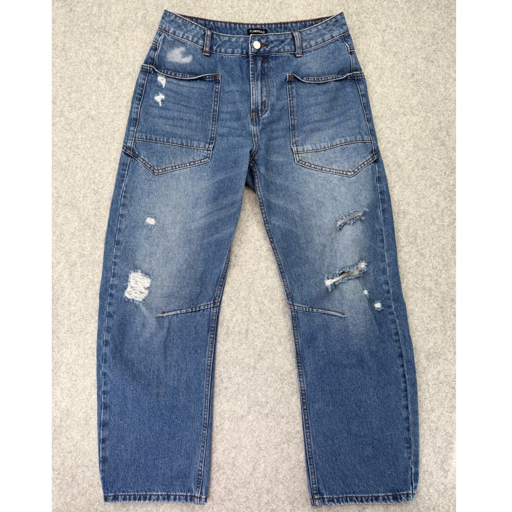 Flamingals Distressed Jeans Medium Blue Wide Barrel Leg Patch Pocket Relaxed
